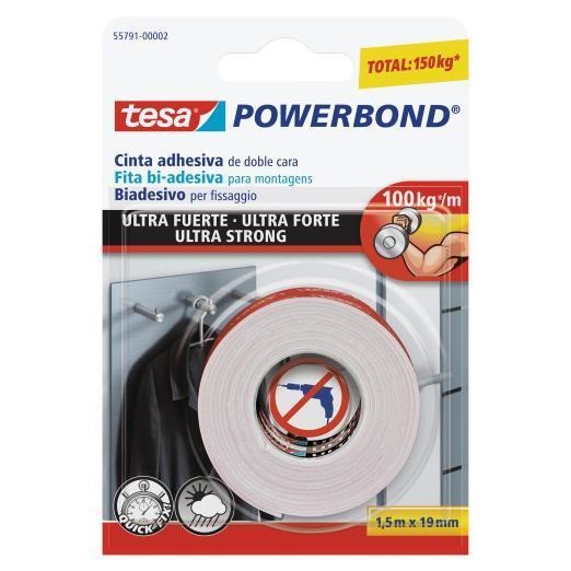 Tesa Nastro Biadesivo Powerbond Ultra Strong 19 mm x 1,5 m Bianco - Tenuta Extra-Forte fino a 10 kg