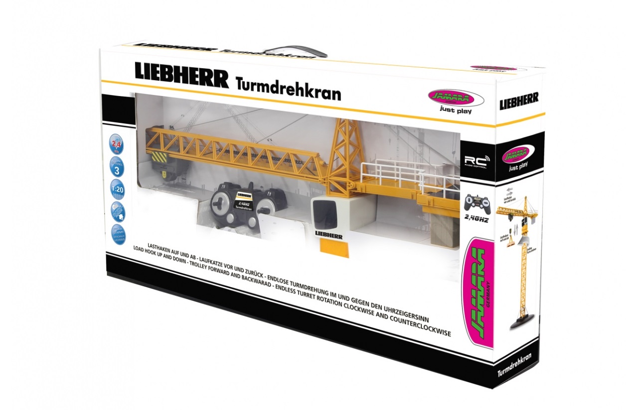 Jamara 405109 - Gru Girevole Liebherr Telecomandata 2,4 GHz, Colore Giallo, 1:20 con Gancio di Carico e Rotazione Infinita