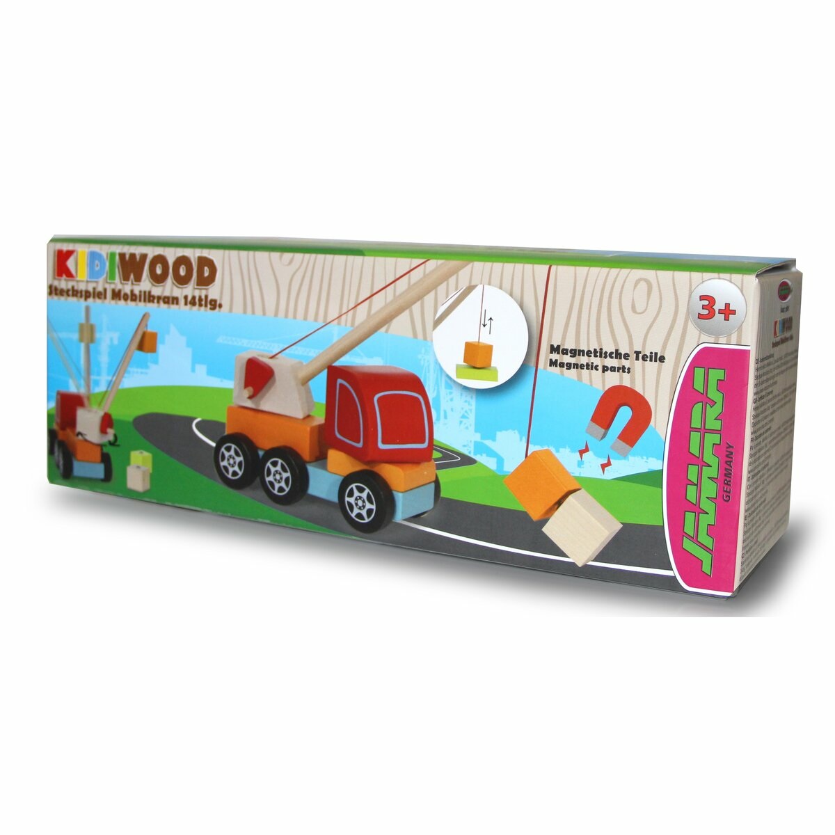 JAMARA Kidiwood - Gioco in Legno Massiccio per Bambini, Gru Mobile con 14 Pezzi, Colori a Base d'Acqua, Stimola Abilità Motorie, a Partire da 3 Anni