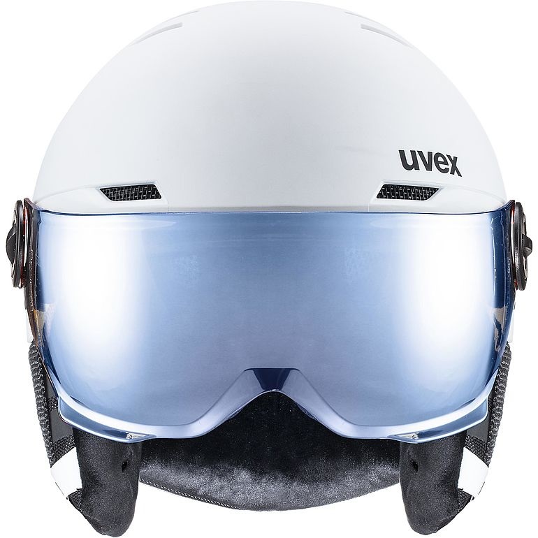 Uvex Rocket JR Visor - Casco da sci robusto per bambini con visiera, regolazione individuale, taglie 54-58 cm e 51-55 cm, bianco e nero opaco