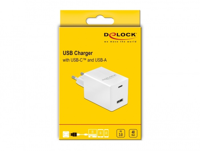 DeLOCK Caricatore USB 48W con 2 porte (USB Type-C PD 3.0 e USB Type-A) - Carica rapida - Bianco