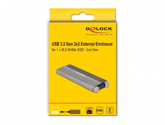 DeLOCK Custodia esterna per SSD M.2 NVMe PCIe - USB Type-C 20 Gbps (USB 3.2 Gen 2x2) in metallo argento, senza attrezzi