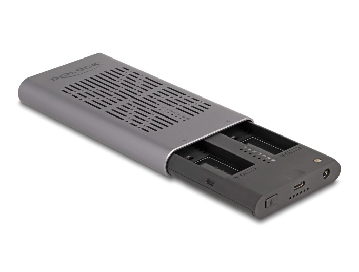 DeLOCK Custodia esterna USB 20 Gbps per 2 x M.2 NVMe PCIe SSD con USB Type-C femmina e funzione Clone, Grigio, Plug & Play, Bootable