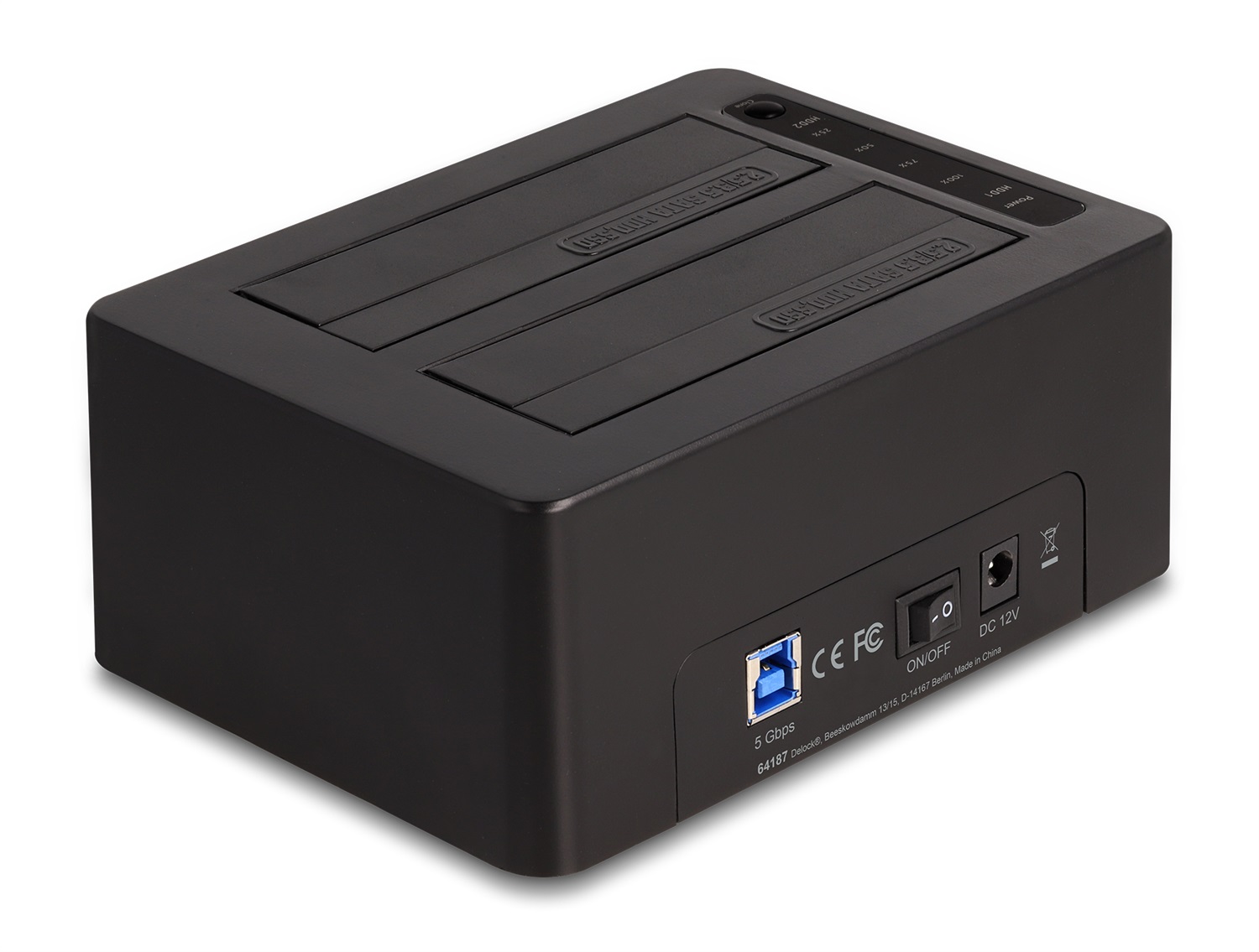 DeLOCK Doppia Docking Station USB per 2 HDD/SSD SATA - Funzione di Clonazione e Cancellazione, Nero