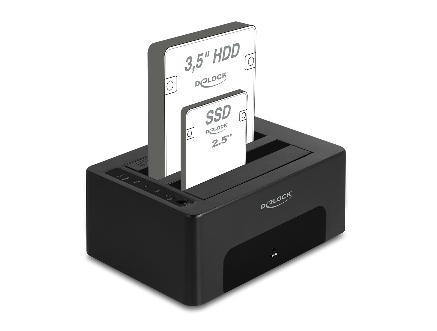 DeLOCK Doppia Docking Station USB per 2 HDD/SSD SATA - Funzione di Clonazione e Cancellazione, Nero