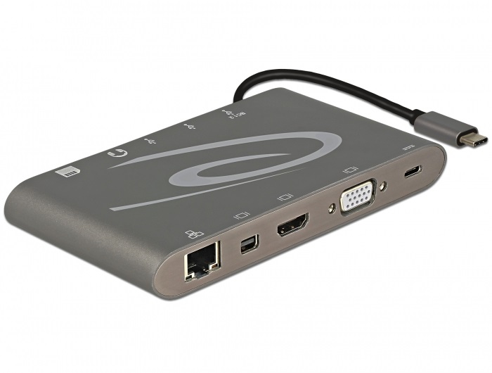 DeLOCK 87297 Replicatore di Porte e Docking Station USB 3.2 Gen 2 (3.1 Gen 2) Type-C Grigio con Interfacce RJ-45, VGA, mini DisplayPort e Supporto 4K