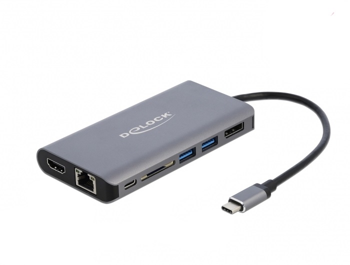 DeLOCK 87683 Docking Station USB-C Cablato 4K Ultra HD con HDMI, DisplayPort, USB 3.0, SD, LAN - Grigio