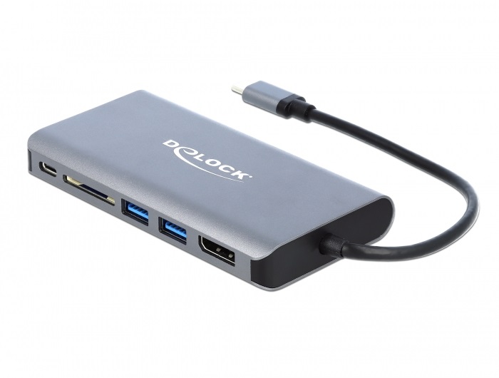 DeLOCK 87683 Docking Station USB-C Cablato 4K Ultra HD con HDMI, DisplayPort, USB 3.0, SD, LAN - Grigio
