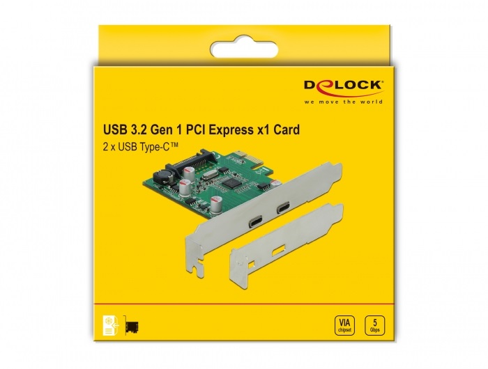 DeLOCK Scheda PCI Express x1 con 2 porte USB Type-C femmina SuperSpeed 5 Gbps (USB 3.2 Gen 1), PCIe 2.0, Piena altezza/Basso profilo