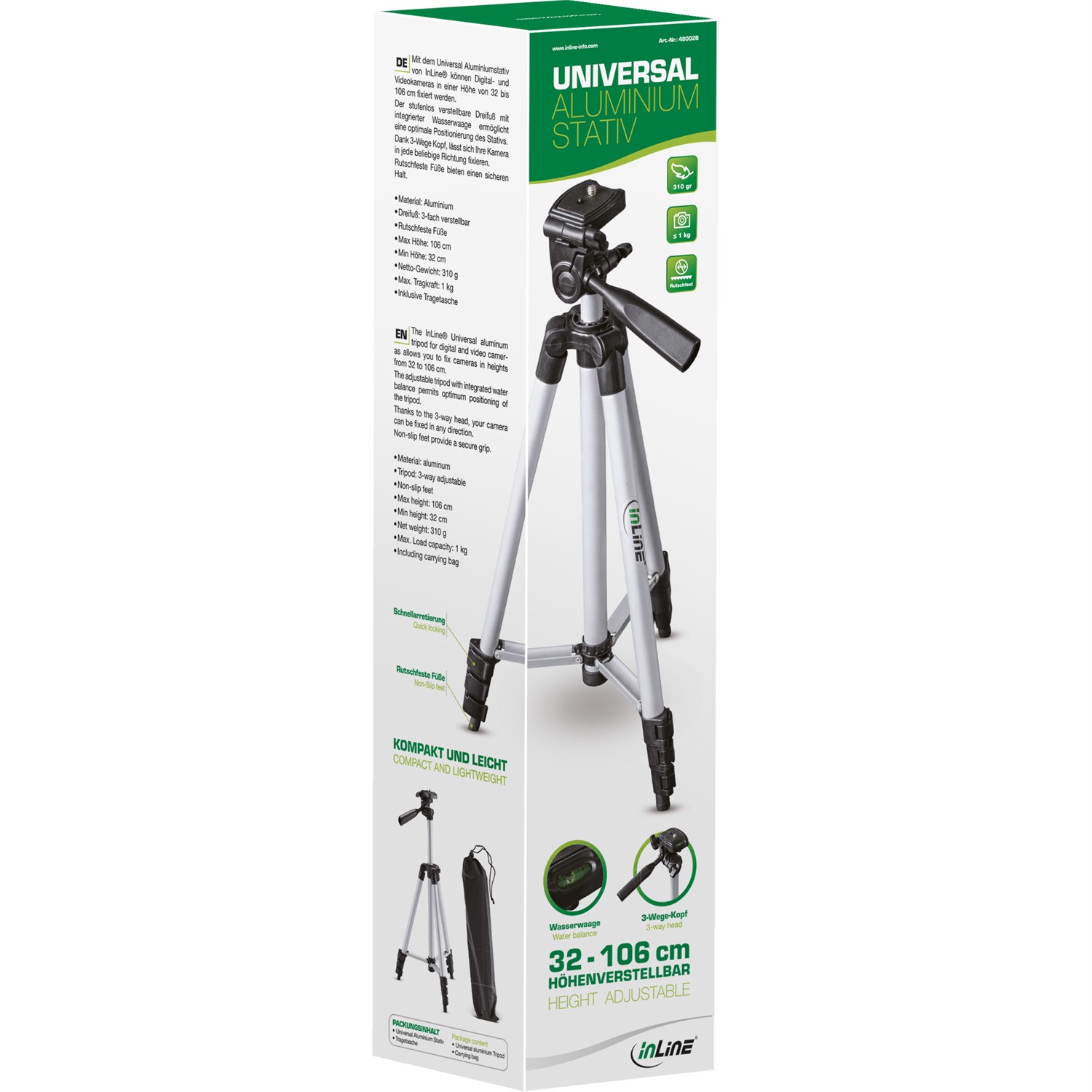InLine 48002B Treppiede Telescopico in Alluminio 36-106 cm, Colore Nero e Argento, Capacità di Carico 1 kg, Peso 500 g