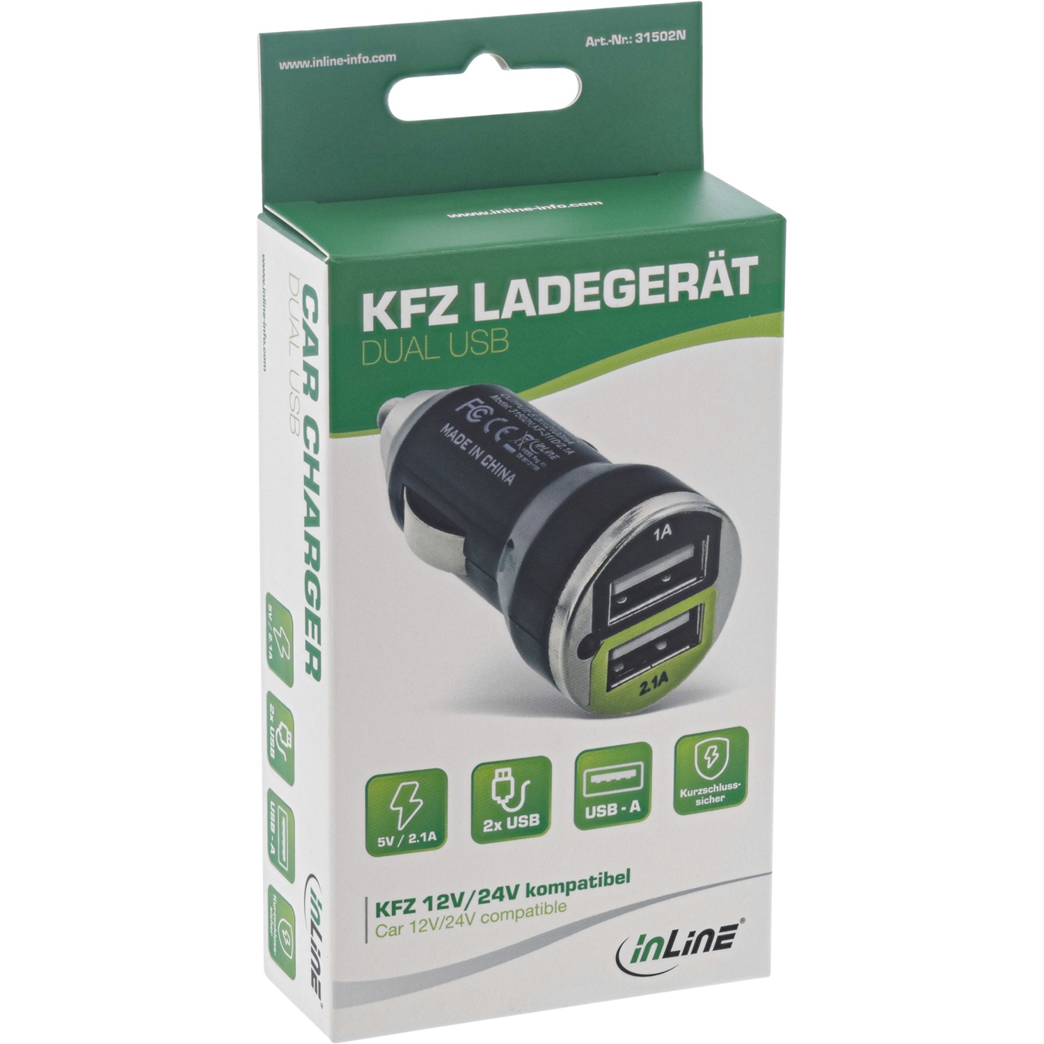 InLine Alimentatore USB per Auto 12/24V, 5V/2100mA, Mini Dimensioni 45x25mm, Nero