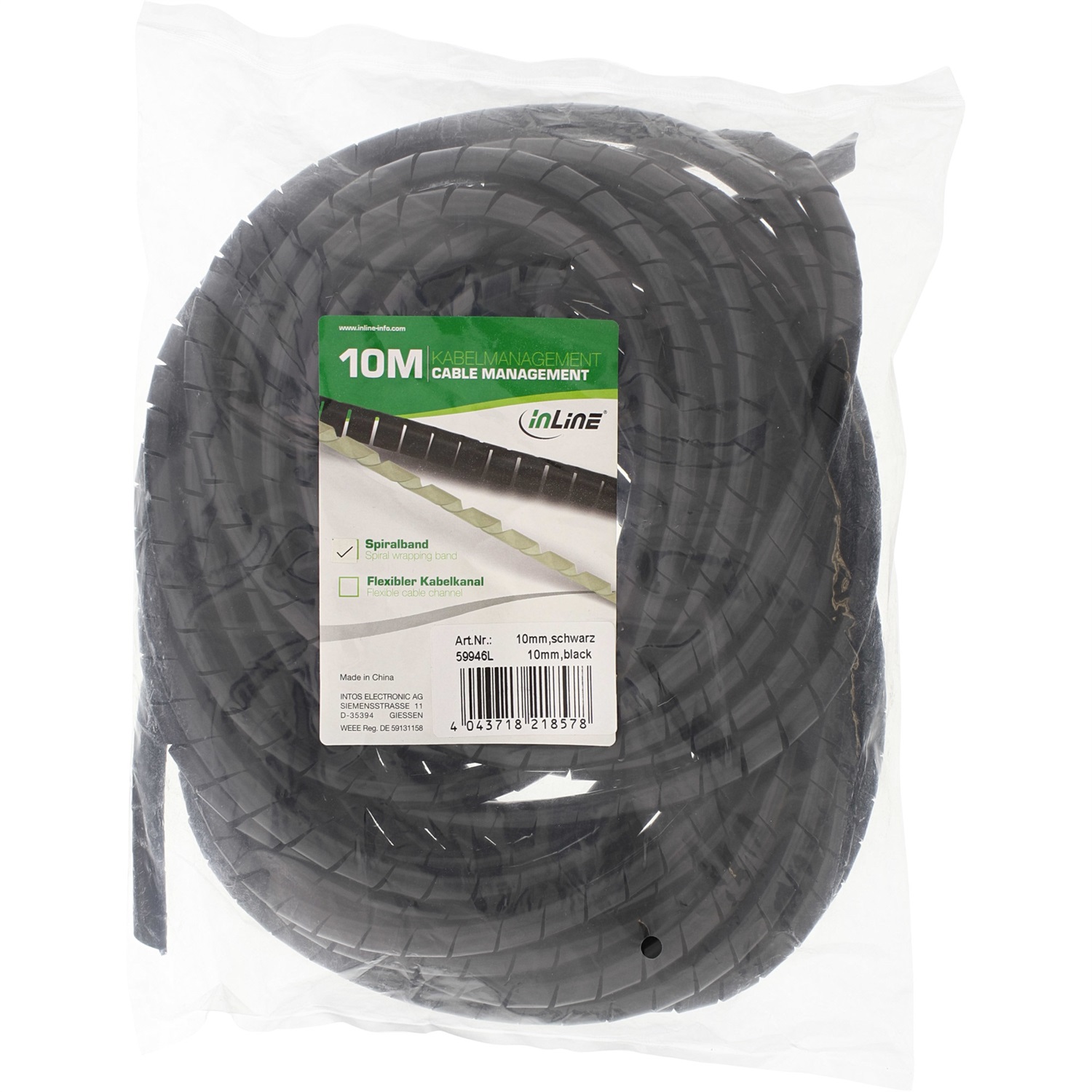 InLine Spirale Protezione Cavi 10mm x 10m - Flessibile, Nero