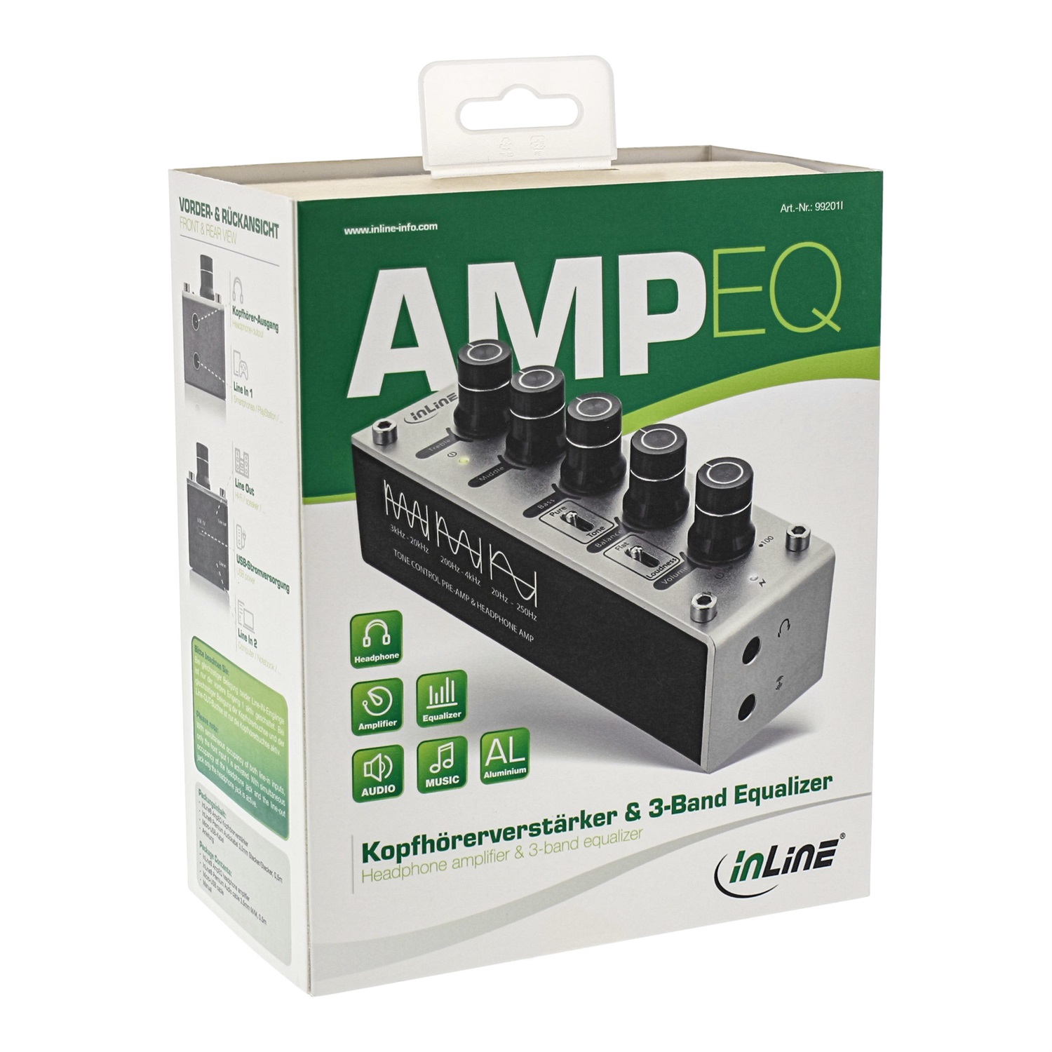 InLine AmpEQ Amplificatore per Cuffie ed Equalizzatore Hi-Res, Equalizzatore a 3 Bande, Jack da 3.5 mm, Alimentazione USB, Nero