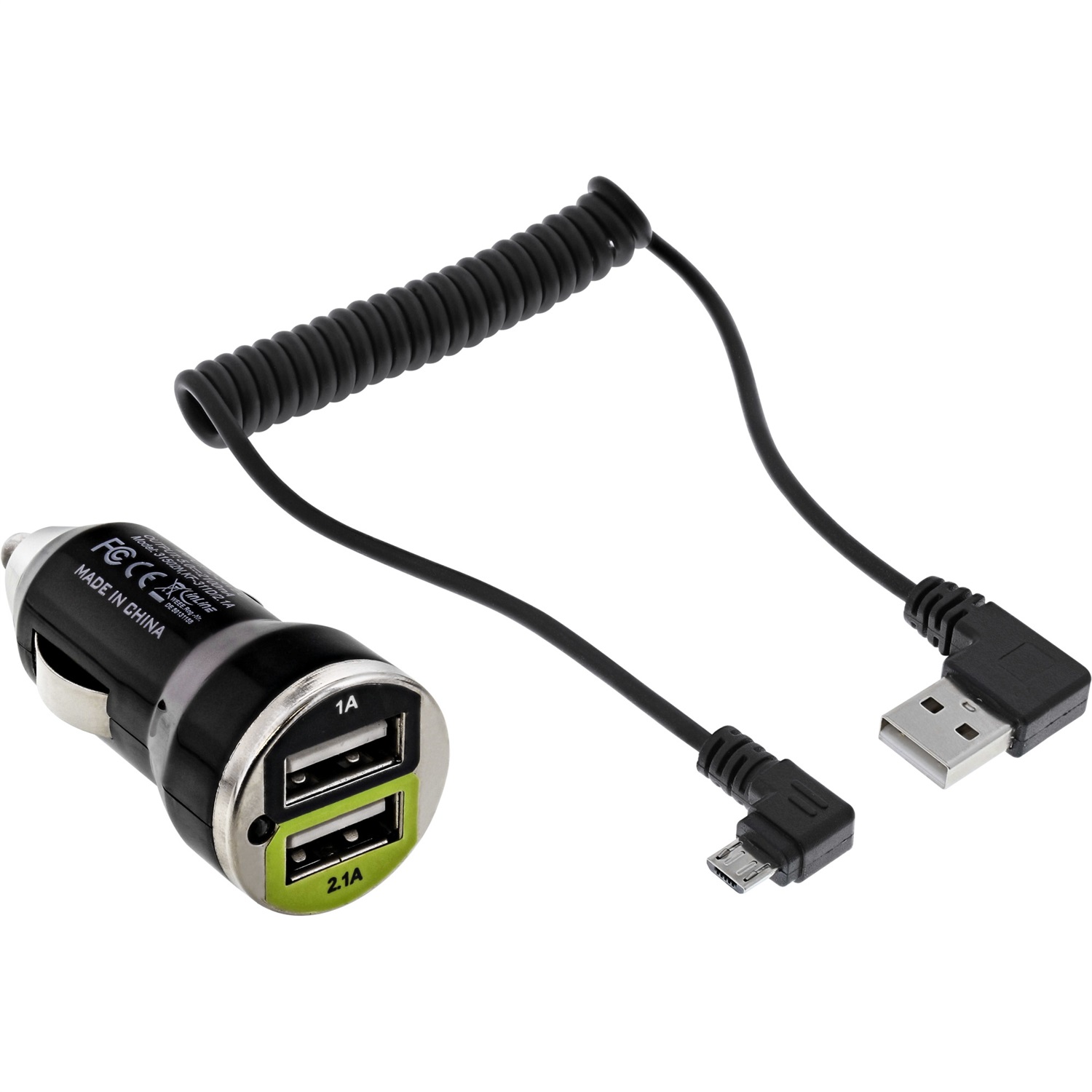 InLine Alimentatore USB per Auto DUAL - 12/24V, Uscita 5V/2100mA, Cavo 1m, Nero