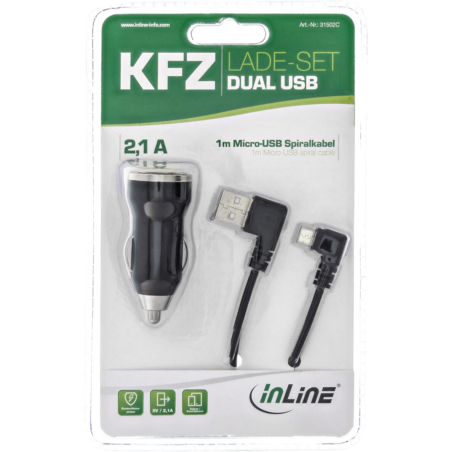 InLine Alimentatore USB per Auto DUAL - 12/24V, Uscita 5V/2100mA, Cavo 1m, Nero
