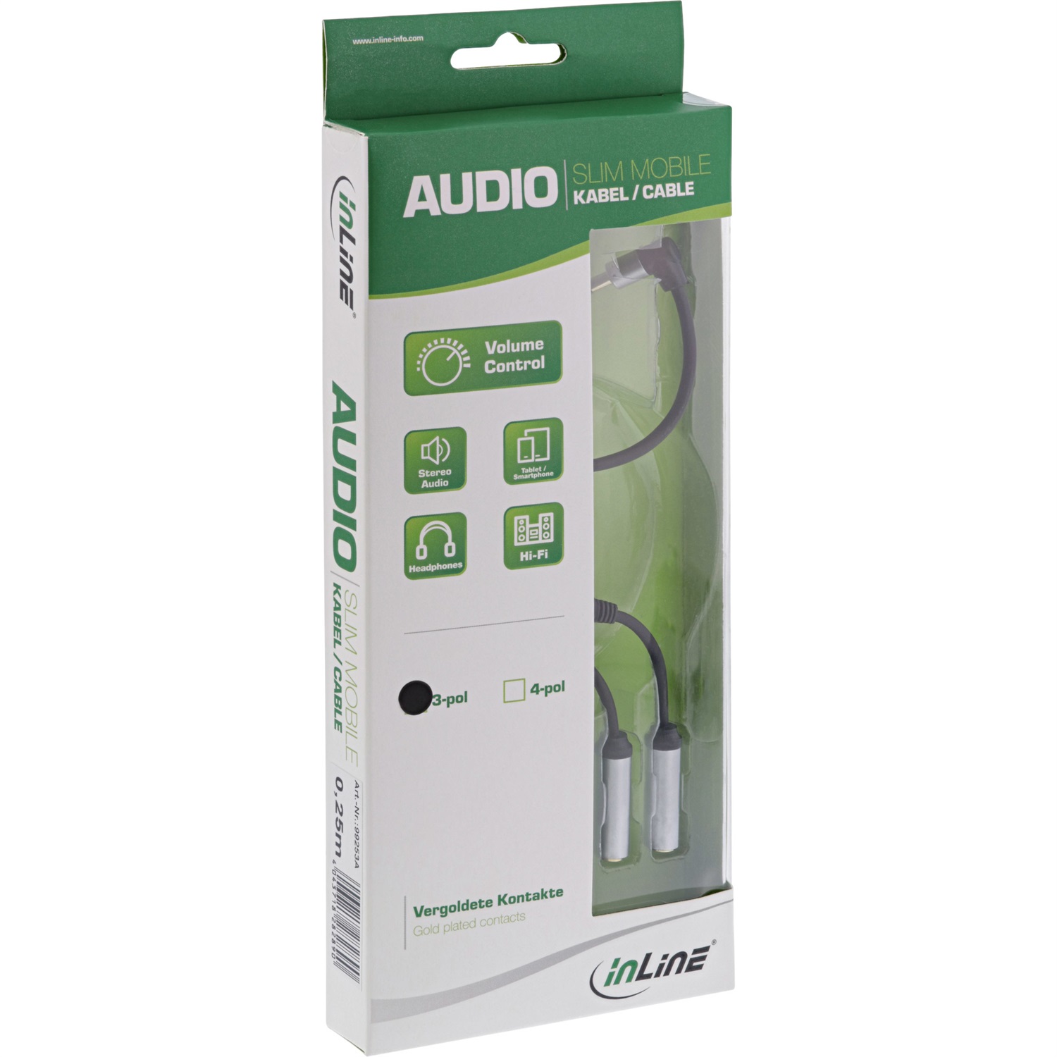 InLine 99253A - Cavo Audio a Y Slim, 1x Jack Maschio 3,5mm a 2x Jack Femmina 3,5mm con Controllo del Volume, Lunghezza 0,25m