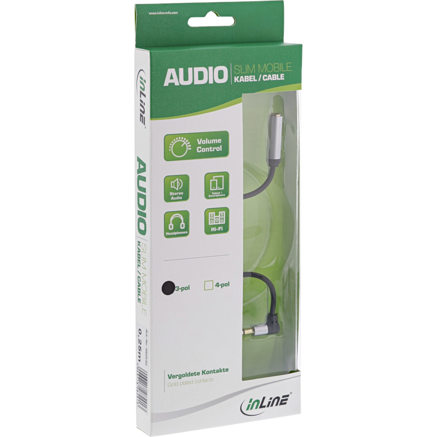 InLine Cavo Audio Slim 3,5 mm ST Angolare con Controllo Volume - 0,25 m