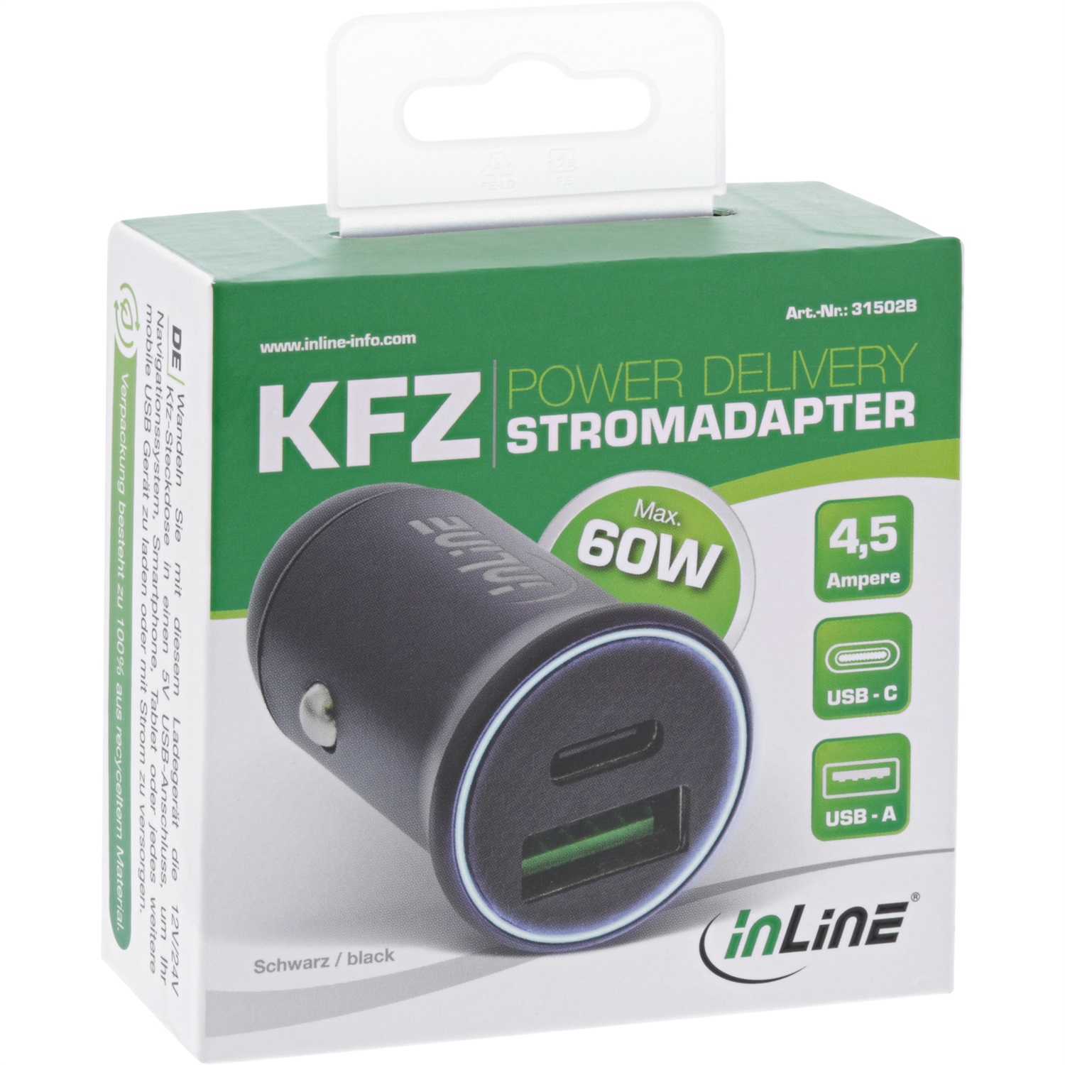 InLine Alimentatore USB per auto 12-24 V con USB-A e USB-C, max. 60 W, colore nero