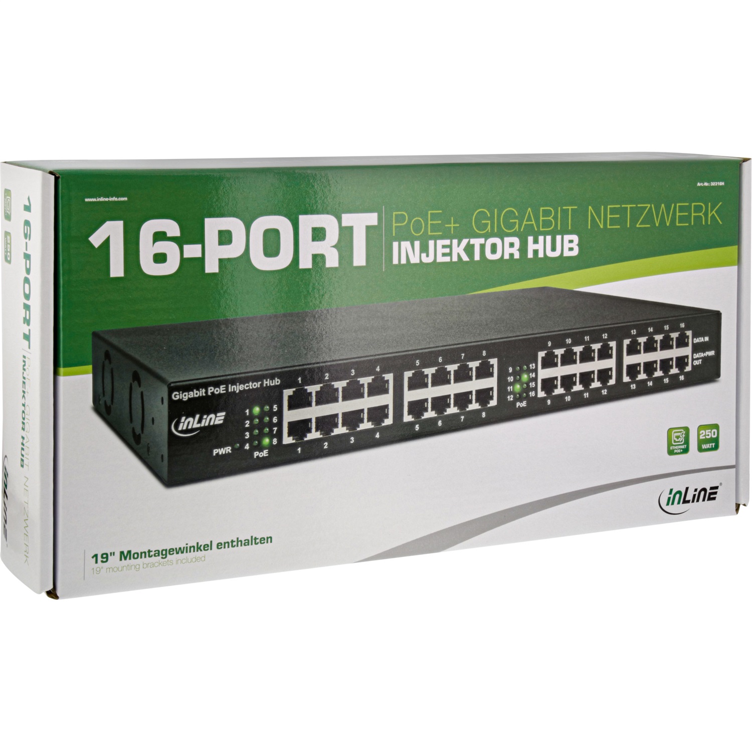 InLine® PoE Gigabit Network Injector Hub 16 Port (16x PoE ), 1 GBit/s, 19