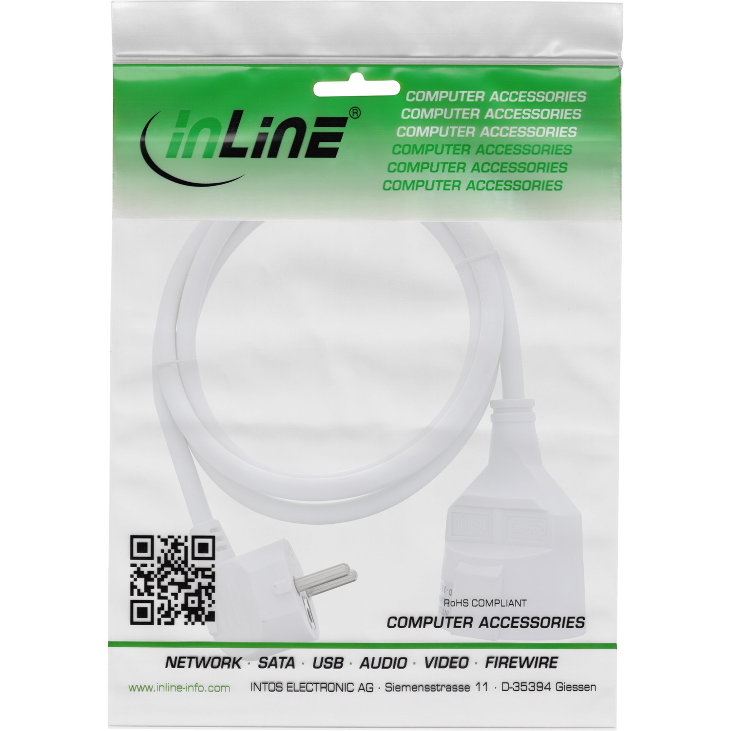 InLine® Cavo di alimentazione prolunga angolato CEE-7/7 maschio/femmina 1m, 1,5 mm², bianco