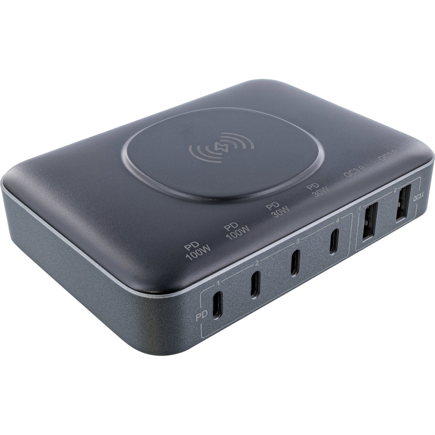 InLine Qi Powerstation 31517K - Alimentatore Multiporta con Caricatore Wireless, 6 Porte (4 USB-C, 2 USB-A), GaN, 100 W, Nero