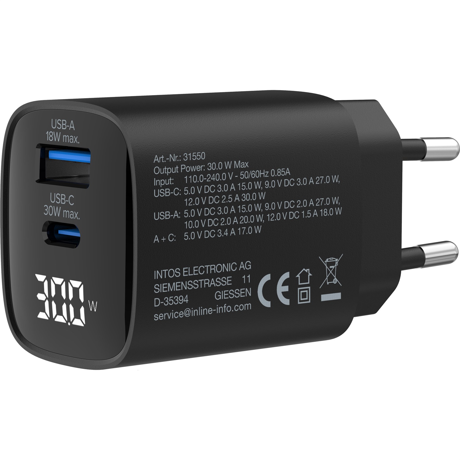 InLine Alimentatore USB PD, caricatore GaN, 2 porte, USB-C + USB-A, 30W, display