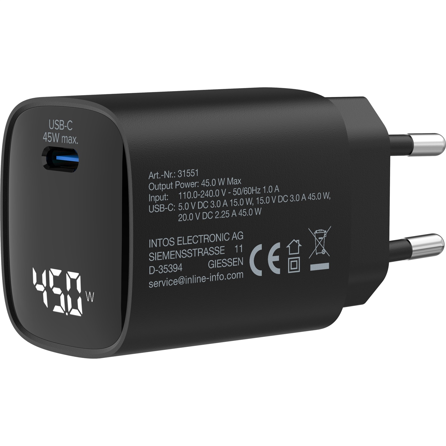 InLine Alimentatore USB PD, caricatore GaN, 1 porte, USB-C, 45W, con display