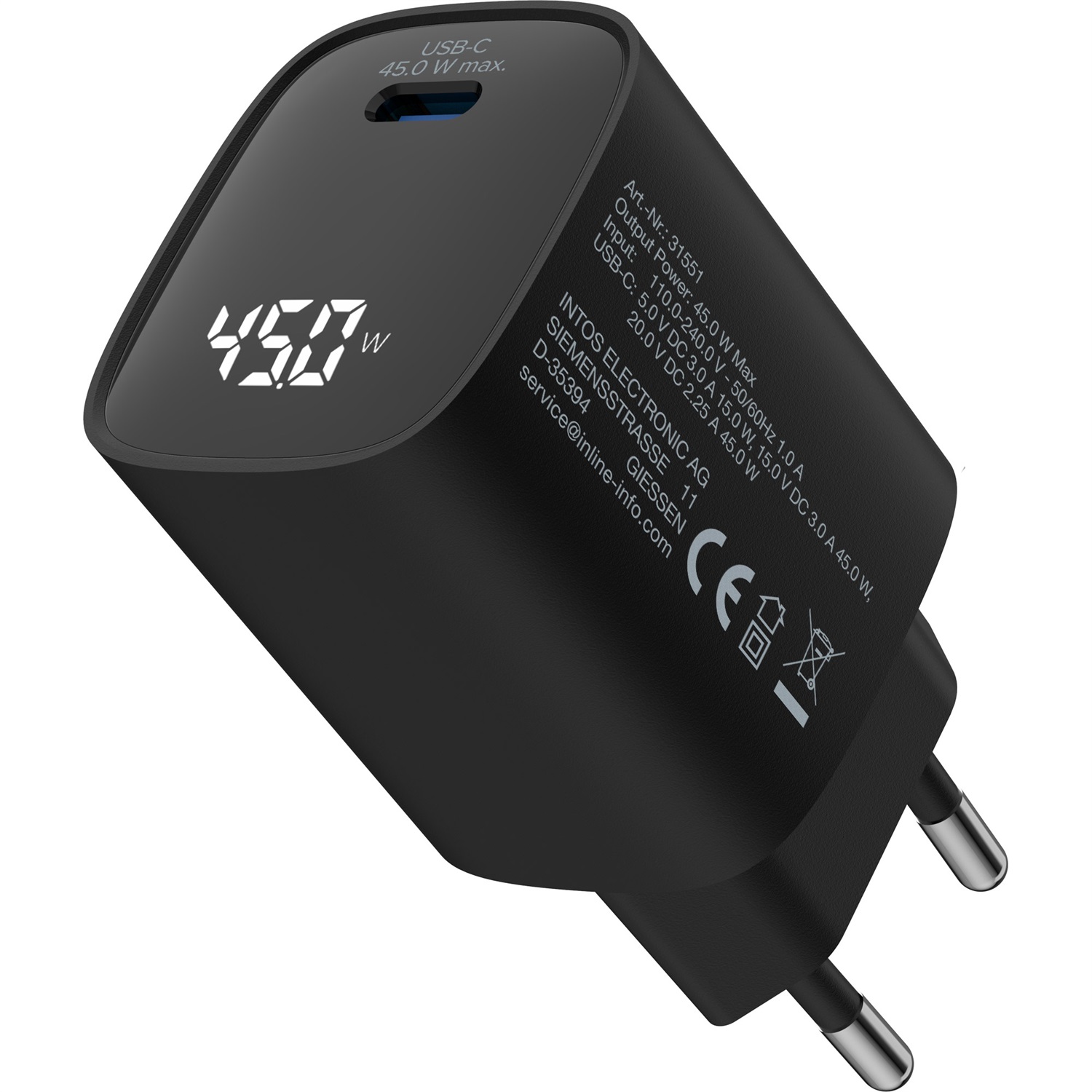 InLine Alimentatore USB PD, caricatore GaN, 1 porte, USB-C, 45W, con display