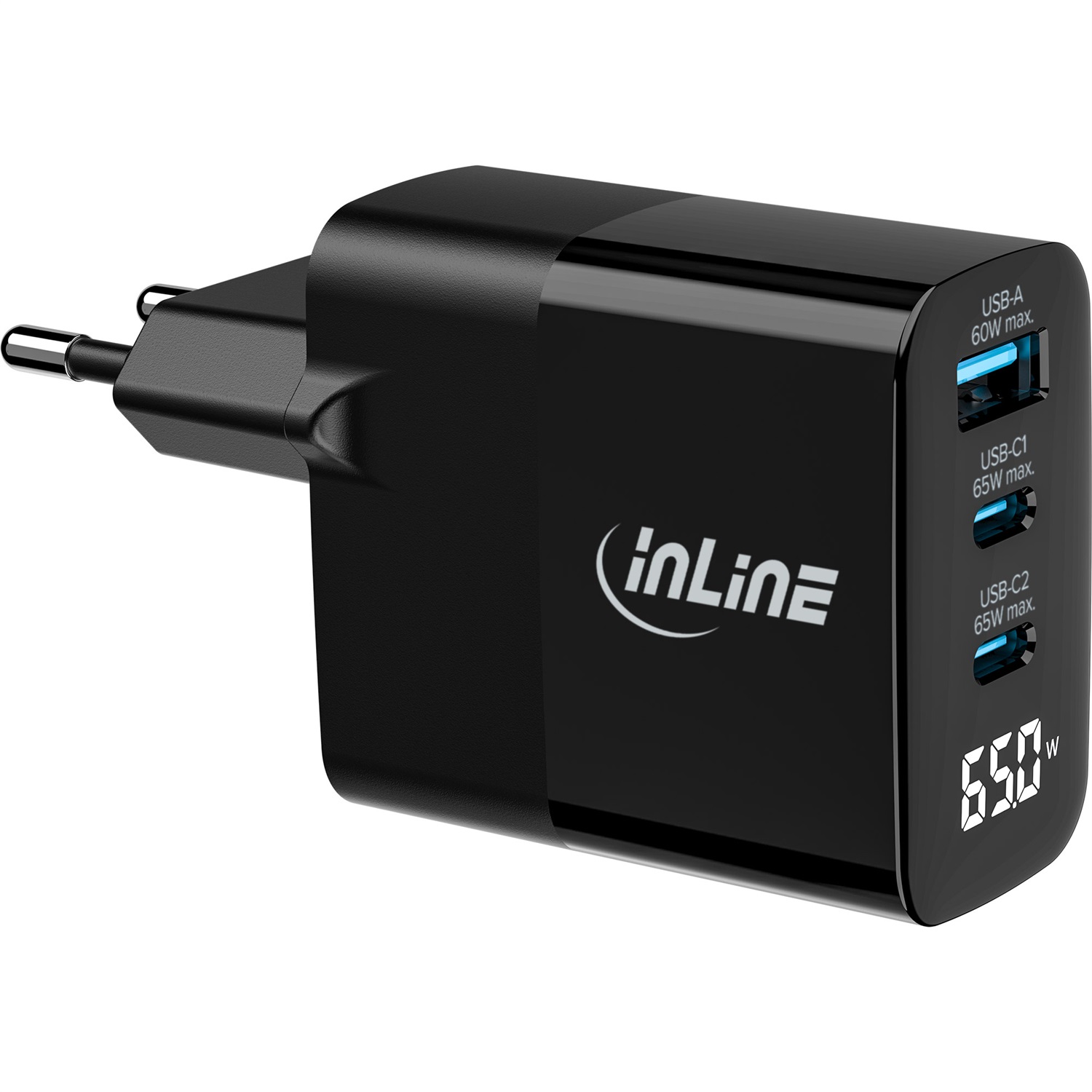 InLine Alimentatore USB PD GaN 65W con 3 Porte (2 USB-C 1 USB-A) e Display Digitale