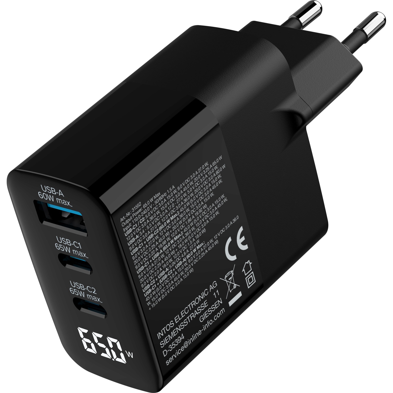 InLine Alimentatore USB PD GaN 65W con 3 Porte (2 USB-C 1 USB-A) e Display Digitale
