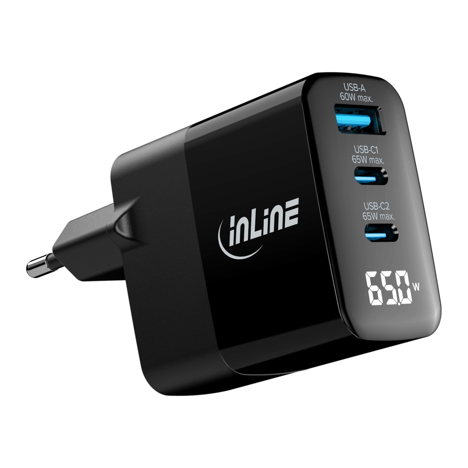 InLine Alimentatore USB PD GaN 65W con 3 Porte (2 USB-C 1 USB-A) e Display Digitale