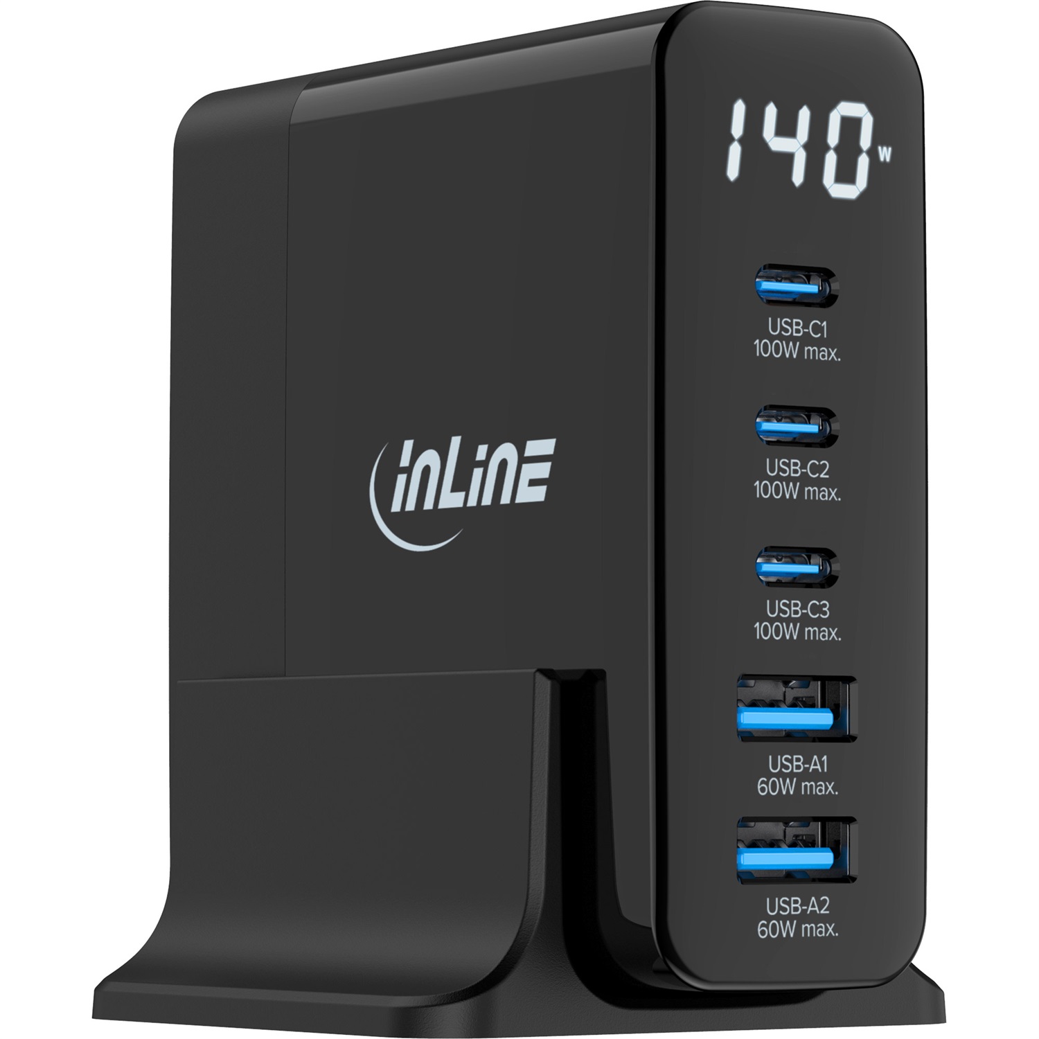 InLine Caricatore USB GaN 140W, 5 porte (3X USB-C 2X USB-A), Caricatore Rapido con Display Digitale e Indicatore di Consumo Energetico, Compatibile con iPhone e Samsung