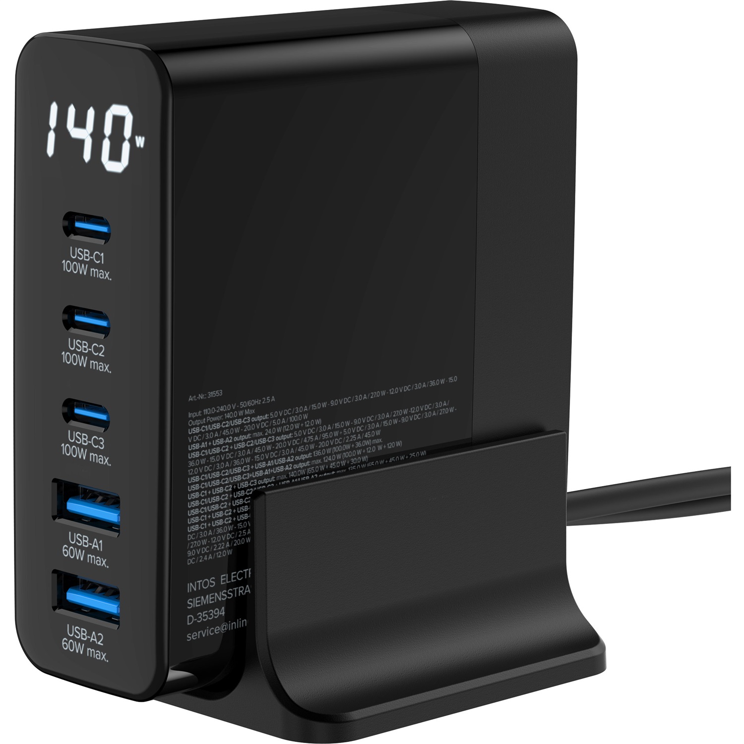 InLine Caricatore USB GaN 140W, 5 porte (3X USB-C 2X USB-A), Caricatore Rapido con Display Digitale e Indicatore di Consumo Energetico, Compatibile con iPhone e Samsung