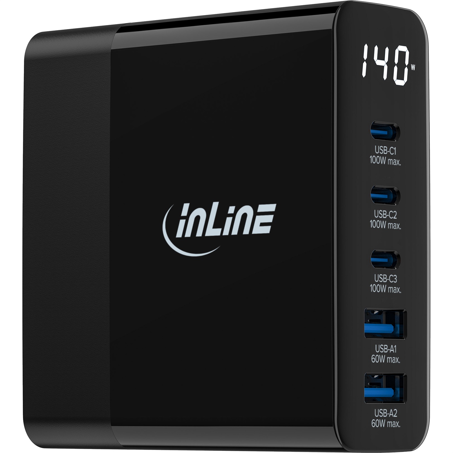 InLine Caricatore USB GaN 140W, 5 porte (3X USB-C 2X USB-A), Caricatore Rapido con Display Digitale e Indicatore di Consumo Energetico, Compatibile con iPhone e Samsung