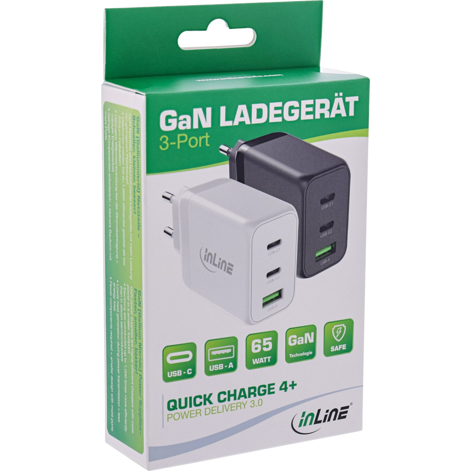 InLine Caricabatterie GaN 65W Bianco con 2 porte USB-C e 1 porta USB-A per ricarica rapida