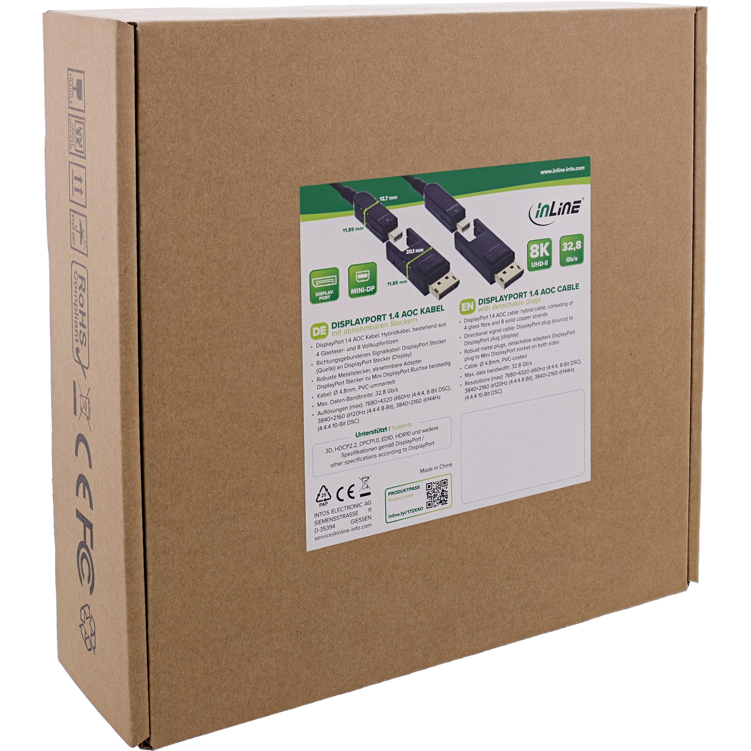 InLine Cavo DisplayPort 1.4 AOC 30 m - 8K 4K, 240Hz, Connettore Rimovibile, Adattatore Mini DisplayPort Incluso