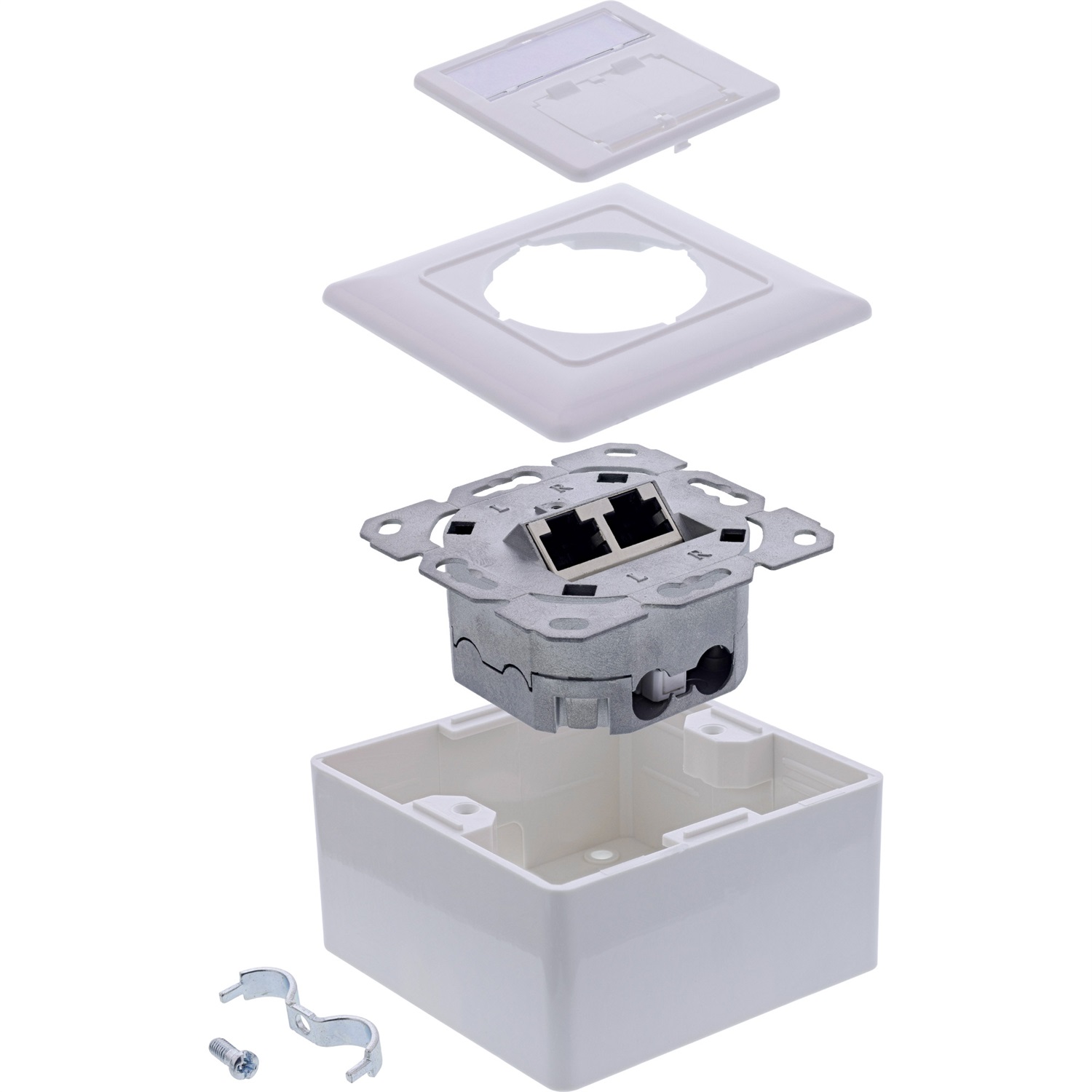 InLine 76842A Cassetta di Scarico Cat.6A con 2 Prese RJ-45 Schermate, Bianco RAL9010, Installazione a Parete e Incasso
