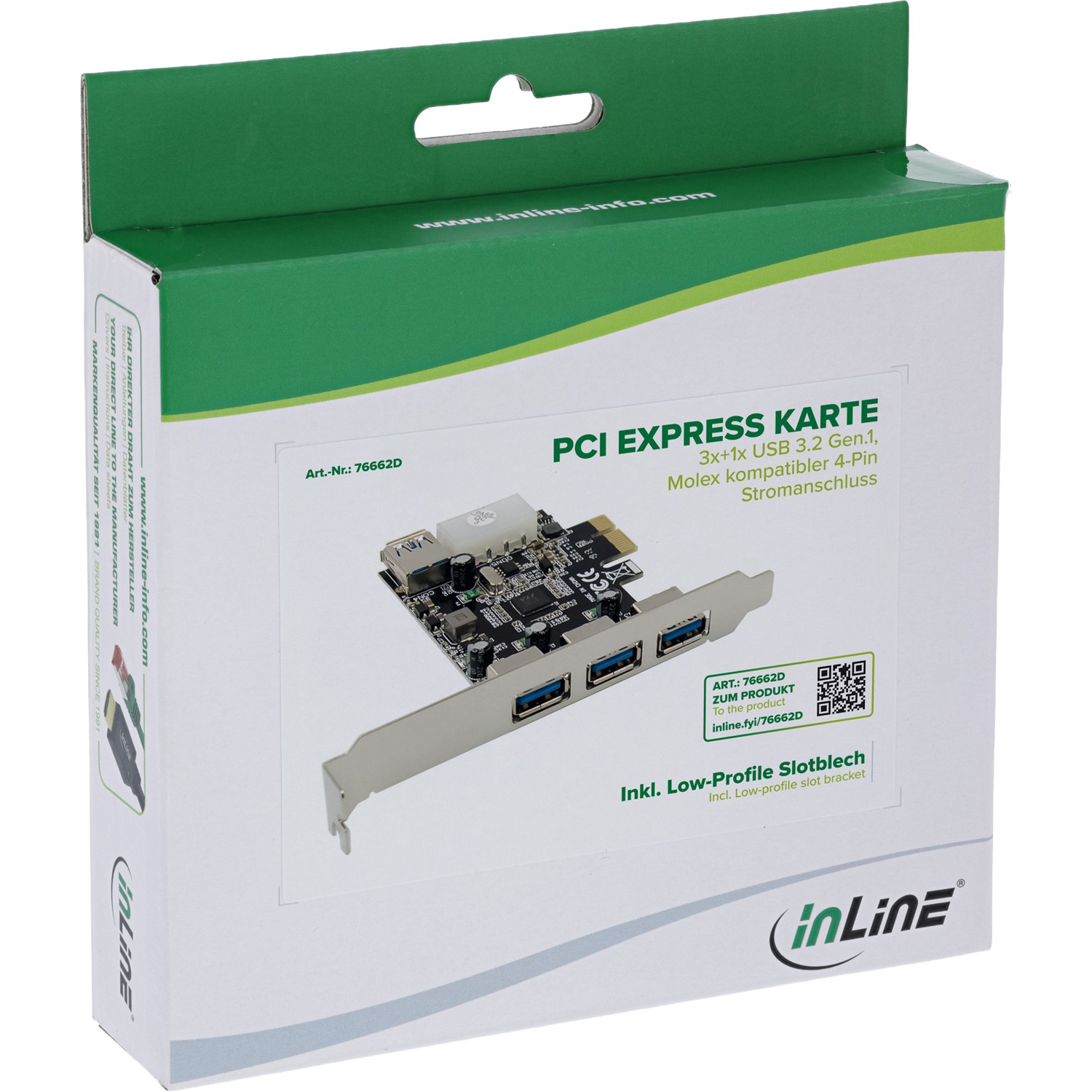 InLine® Scheda di interfaccia PCIe con 4 porte USB 3.2 Gen.1 (3 esterne 1 interna) e alimentazione a 4 pin