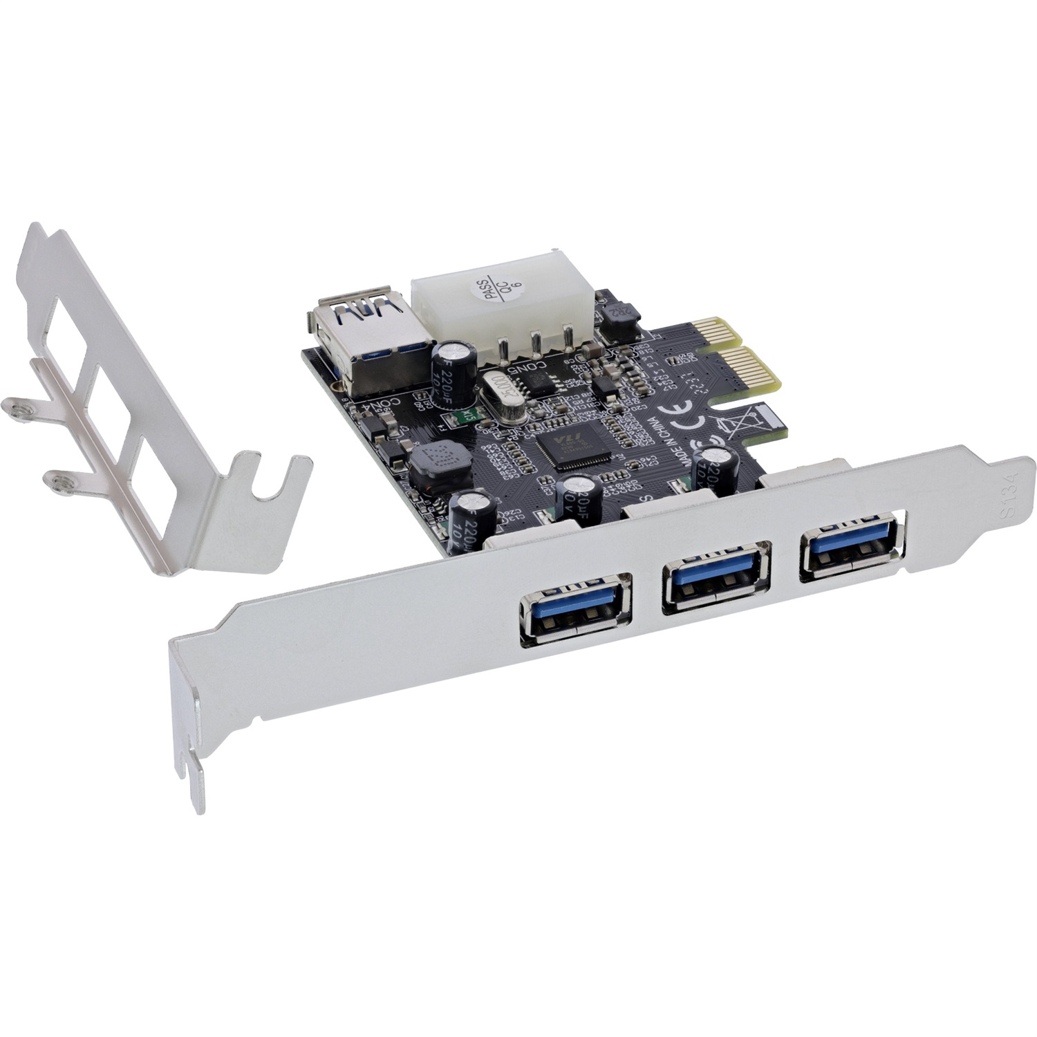 InLine® Scheda di interfaccia PCIe con 4 porte USB 3.2 Gen.1 (3 esterne 1 interna) e alimentazione a 4 pin