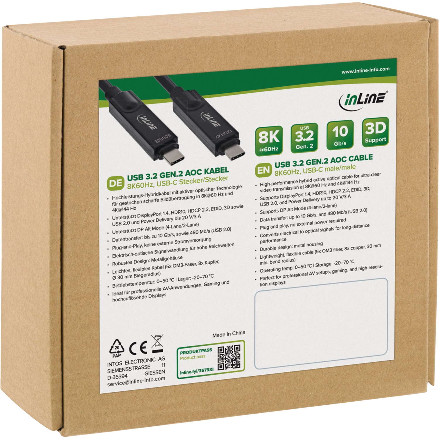 InLine Cavo AOC USB 3.2 Gen.2 USB-C a USB-C 10 m, 8K@60Hz, 4K@144Hz, 10Gb/s, HDR10, Power Delivery