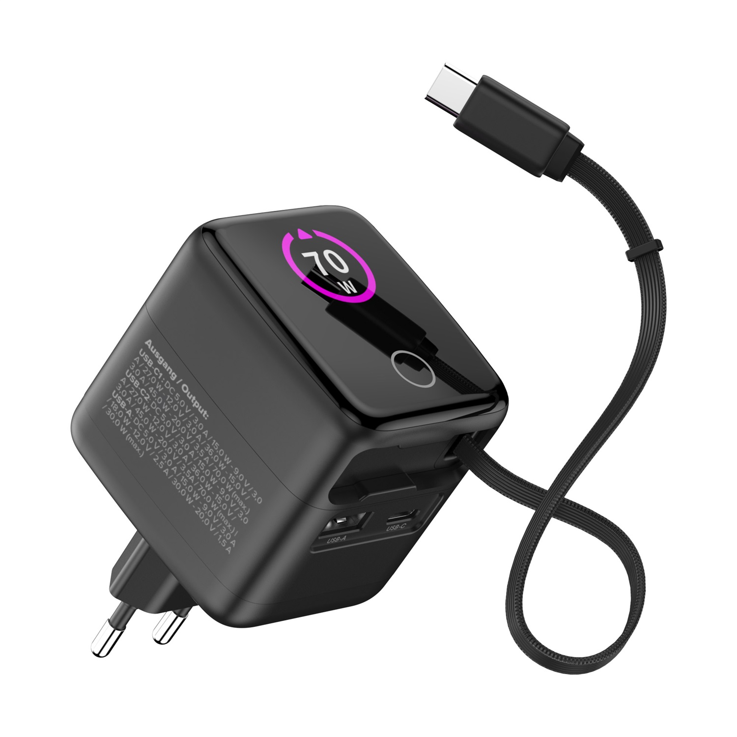 Inline Caricatore USB C & USB A 70 W con cavo estraibile, alimentatore GaN con display, Power Delivery e Quick Charge, colore nero