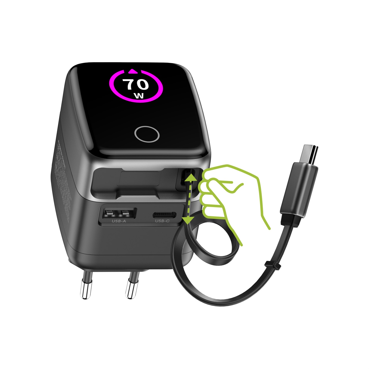 Inline Caricatore USB C & USB A 70 W con cavo estraibile, alimentatore GaN con display, Power Delivery e Quick Charge, colore nero