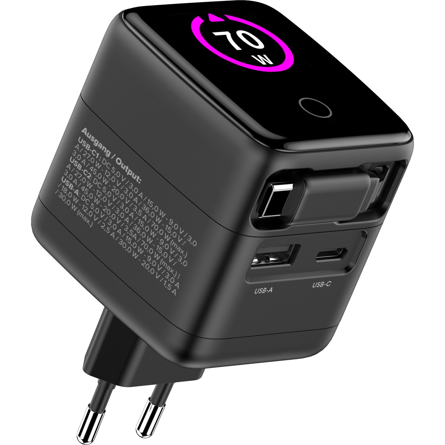 Inline Caricatore USB C & USB A 70 W con cavo estraibile, alimentatore GaN con display, Power Delivery e Quick Charge, colore nero