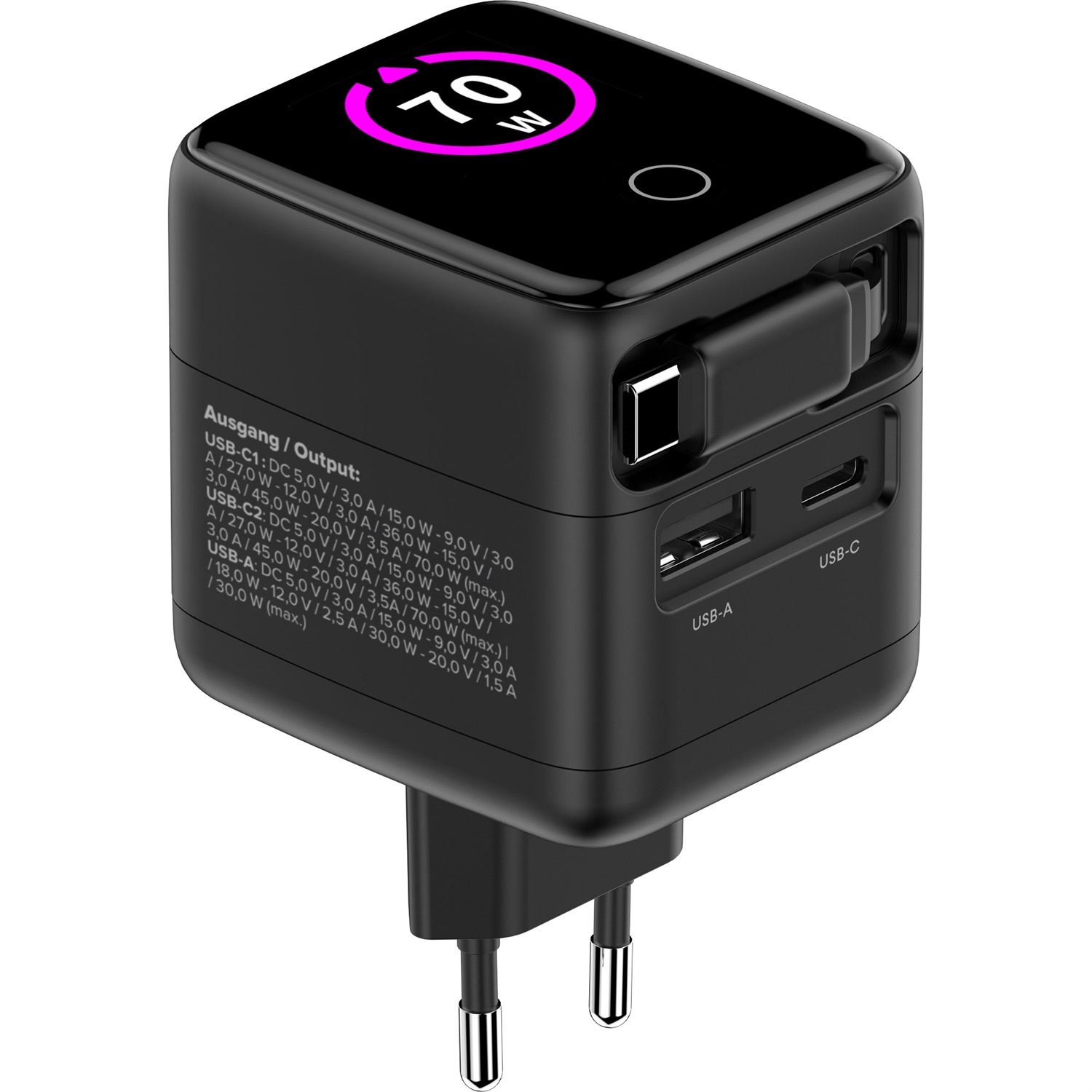 Inline Caricatore USB C & USB A 70 W con cavo estraibile, alimentatore GaN con display, Power Delivery e Quick Charge, colore nero