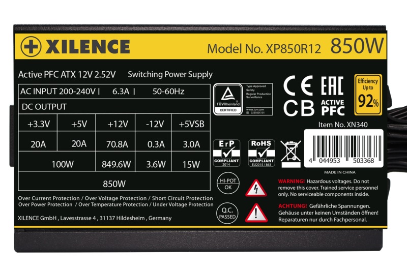 Xilence Performance A XN340 XP850R12 - Alimentatore PC 850W 80 Gold ATX, Ventola 120mm, Nero