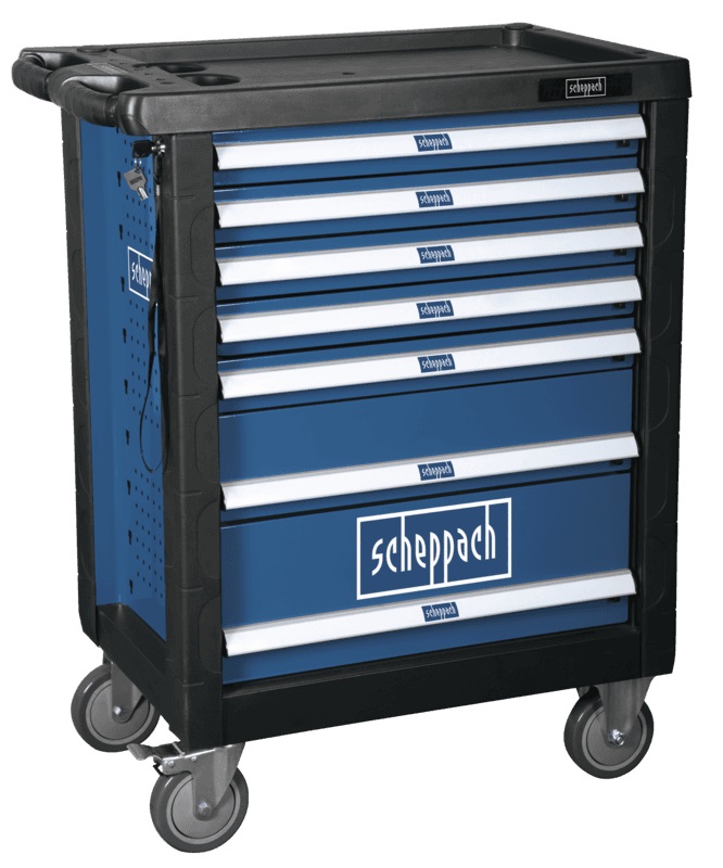Scheppach TW1000 - Carrello da Officina con 263 Accessori, 7 Cassetti Grandi, Serratura e Superficie di Appoggio