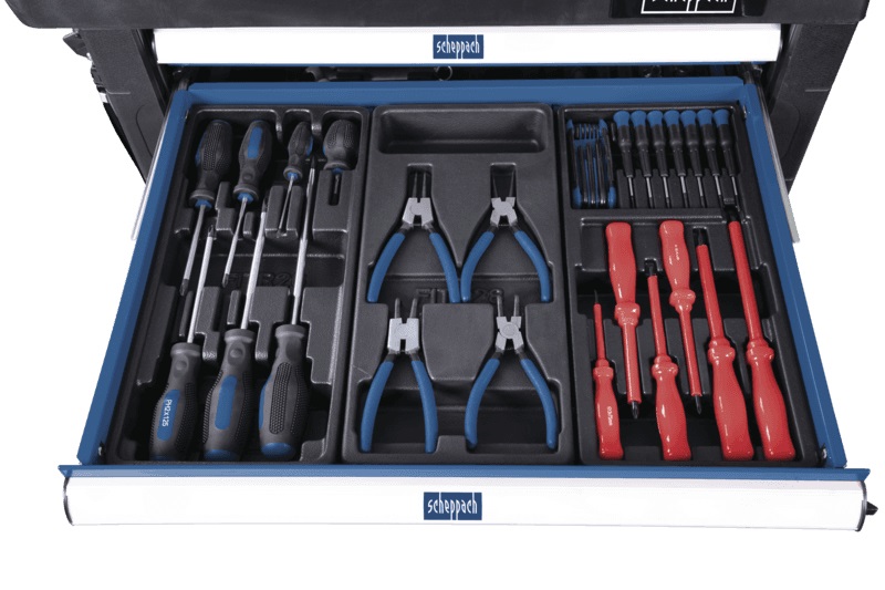 Scheppach TW1000 - Carrello da Officina con 263 Accessori, 7 Cassetti Grandi, Serratura e Superficie di Appoggio