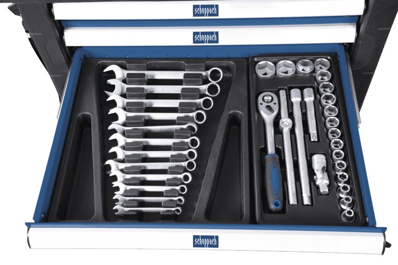 Scheppach TW1000 - Carrello da Officina con 263 Accessori, 7 Cassetti Grandi, Serratura e Superficie di Appoggio