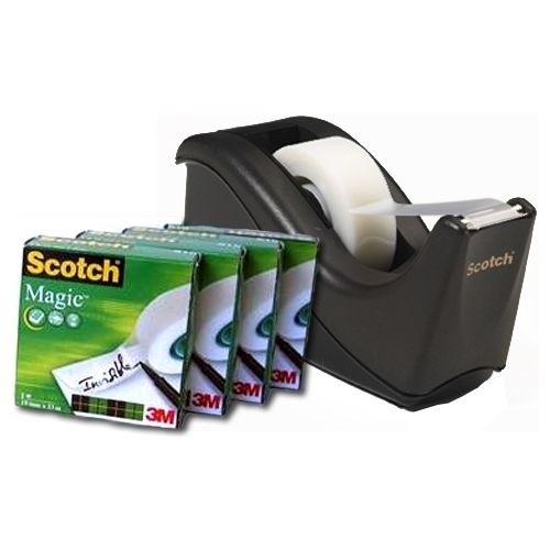 Scotch C60 Dispenser Ricaricabile con 4 Rotoli di Nastro Adesivo Scotch Magic™ 810, 19 mm x 33 m, Nero e Argento