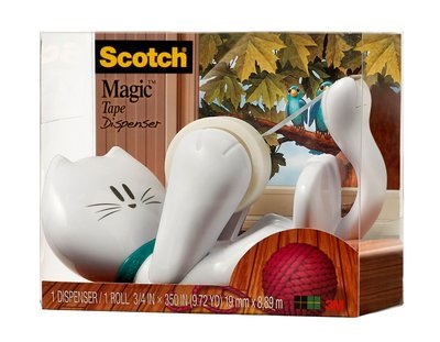 Scotch C39-EU Dispenser per Nastro Adesivo a Forma di Gatto con 1 Rotolo Scotch Magic™ 19mm x 8,89m - Bianco e Verde